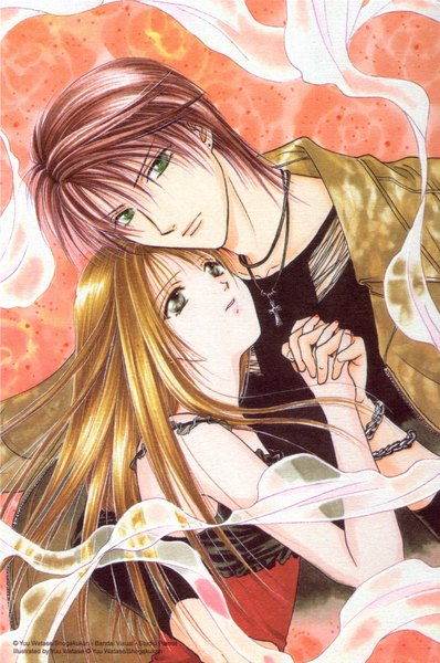 Anime picture 1449x2185 with ayashi no ceres studio pierrot mikage aya toya tall image blonde hair brown hair green eyes couple holding hands girl boy pendant chain cross