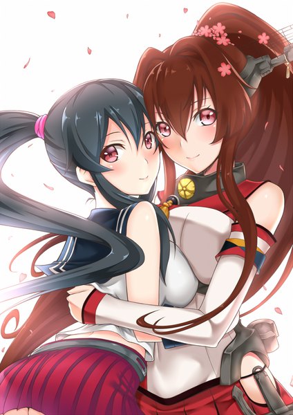 Anime picture 1413x2000 with kantai collection yamato super battleship yahagi light cruiser mizuse kouichi (artist) long hair tall image blush black hair simple background smile red eyes brown hair white background multiple girls ponytail girl flower (flowers) 2 girls detached sleeves petals