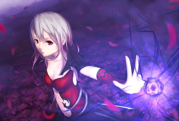 Anime picture 1000x680 with original kami (yoshipt0716) single long hair looking at viewer red eyes white hair girl dress petals