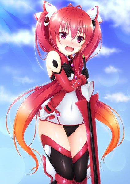 Anime picture 1000x1414 with ore twintail ni narimasu production ims tail red mitsuka souji hiro (725611) single long hair tall image blush open mouth light erotic red eyes twintails sky cloud (clouds) red hair multicolored hair two-tone hair girl gloves
