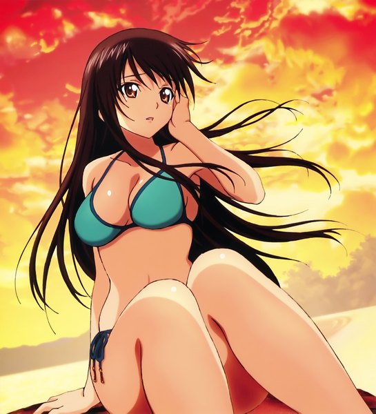 Anime picture 3640x4005 with toloveru xebec kotegawa yui yabuki kentarou single long hair tall image highres open mouth light erotic black hair sitting brown eyes looking away absurdres scan official art evening sunset girl