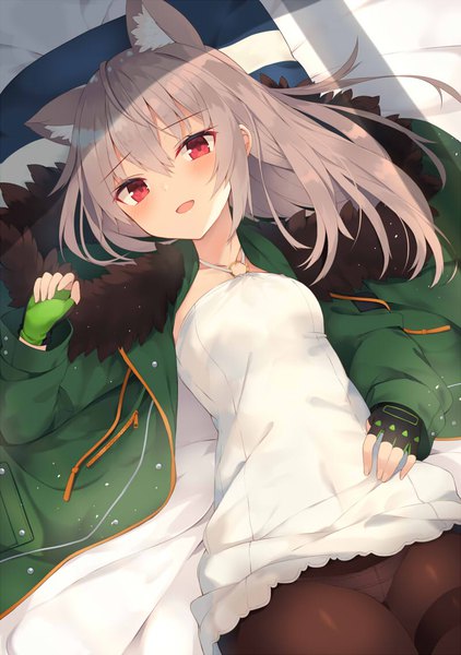 Anime picture 800x1137 with original nibiiro shizuka single long hair tall image looking at viewer blush fringe breasts open mouth light erotic smile hair between eyes red eyes animal ears lying :d grey hair open clothes on back