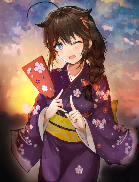 Anime picture 1362x1782 with kantai collection shigure destroyer eriyama (user csua4255) single long hair tall image looking at viewer blush fringe open mouth blue eyes hair between eyes brown hair standing sky cloud (clouds) ahoge outdoors braid (braids) traditional clothes