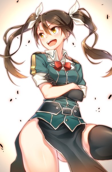 Anime picture 1046x1601 with kantai collection tone heavy cruiser kat (bu-kunn) single long hair tall image blush open mouth light erotic black hair smile twintails yellow eyes crossed arms girl thighhighs gloves bow black thighhighs hair bow