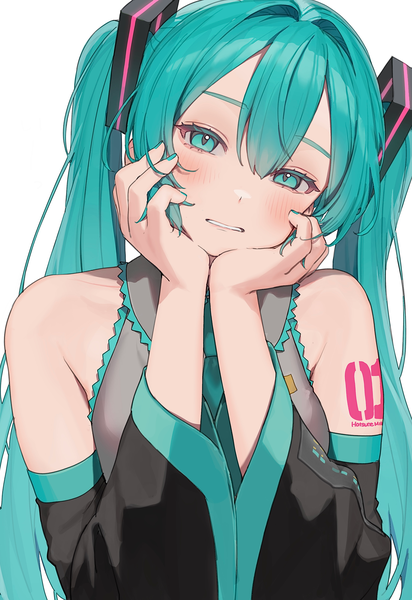 Anime-Bild 2196x3200 mit vocaloid hatsune miku daluto (hitomi555) single long hair tall image looking at viewer blush fringe highres simple background hair between eyes white background twintails upper body nail polish head tilt aqua eyes aqua hair clenched teeth