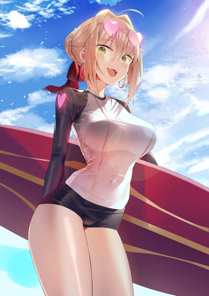 Anime picture 1300x1839 with fate (series) fate/grand order fate/extra nero claudius (fate) nero claudius (fate/extra) k pring single tall image looking at viewer blush fringe short hair breasts open mouth light erotic blonde hair smile hair between eyes large breasts standing