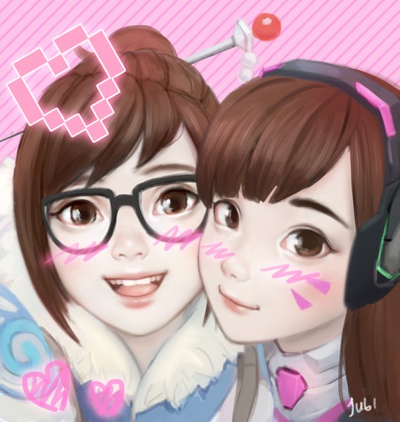 Anime-Bild 2326x2452 mit overwatch blizzard entertainment d.va (overwatch) mei (overwatch) jubi (regiana) long hair tall image looking at viewer blush fringe highres short hair open mouth simple background brown hair multiple girls brown eyes signed blunt bangs :d