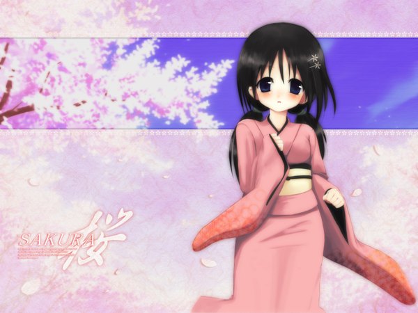 Anime picture 1600x1200 with original long hair looking at viewer blush blue eyes black hair twintails traditional clothes japanese clothes cherry blossoms girl plant (plants) tree (trees) kimono