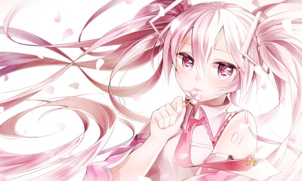 イラスト 1800x1080 と ボーカロイド 初音ミク 桜ミク こばやし ソロ カメラ目線 赤面 前髪 highres hair between eyes wide image ツインテール ピンク髪 upper body very long hair ピンク目 風 女の子 花 袖だけ