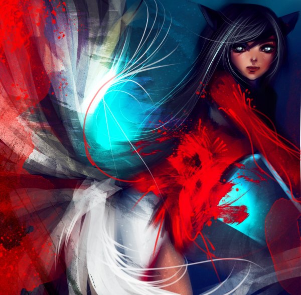 Anime picture 1200x1178 with league of legends ahri (league of legends) ryky single long hair looking at viewer blue eyes black hair animal ears multiple tails abstract girl