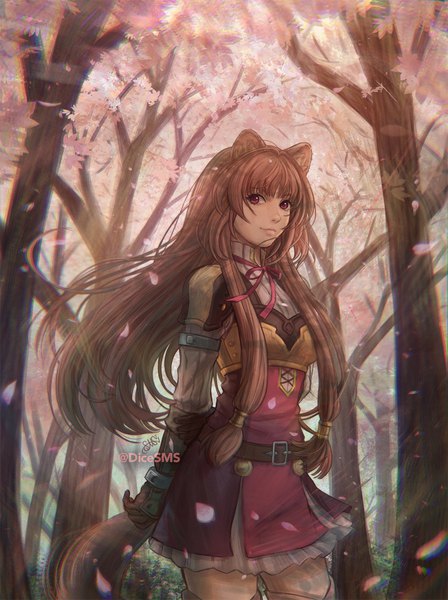 Anime picture 1080x1448 with tate no yuusha no nariagari kinema citrus raphtalia stephanie sybydlo single long hair tall image looking at viewer fringe red eyes brown hair standing signed animal ears outdoors tail blunt bangs animal tail wind twitter username