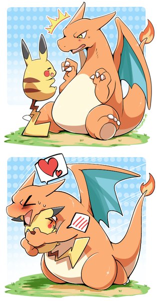 Anime picture 471x900 with pokemon nintendo pikachu charizard azuma minatsu tall image blush open mouth smile sitting signed yellow eyes eyes closed hug border blue background polka dot fantasy polka dot background > <