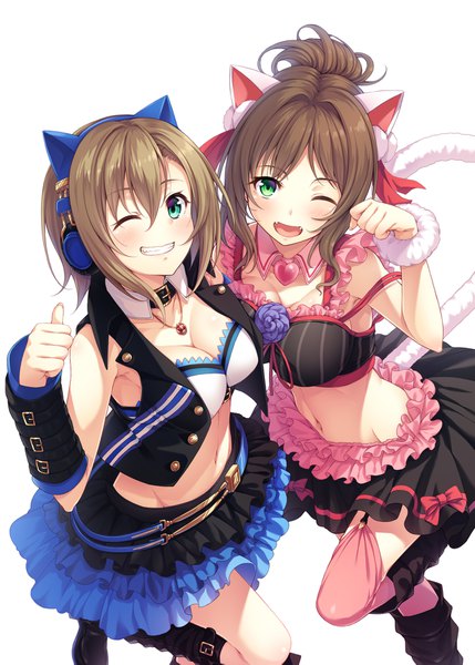 Anime picture 1296x1813 with idolmaster idolmaster cinderella girls maekawa miku tada riina hasumi (hasubatake39) tall image looking at viewer fringe short hair breasts open mouth smile hair between eyes brown hair large breasts multiple girls green eyes animal ears cleavage bent knee (knees)