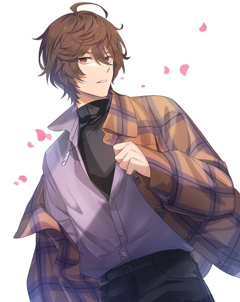 Anime picture 1193x1500 with granblue fantasy sandalphon (granblue fantasy) jiman single tall image looking at viewer fringe short hair simple background hair between eyes red eyes brown hair white background upper body ahoge open shirt turning head boy shirt petals