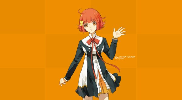 Anime picture 1282x706 with tsukiuta togawa chisa tagme (artist) single looking at viewer short hair simple background wide image ahoge orange hair official art orange eyes character names orange background girl dress hair ornament ribbon (ribbons) hairclip