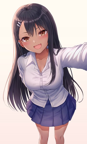 Anime picture 999x1658 with ijiranaide nagatoro-san nagatoro hayase seungju lee single long hair tall image looking at viewer blush fringe breasts open mouth black hair simple background smile standing brown eyes cleavage long sleeves :d pleated skirt
