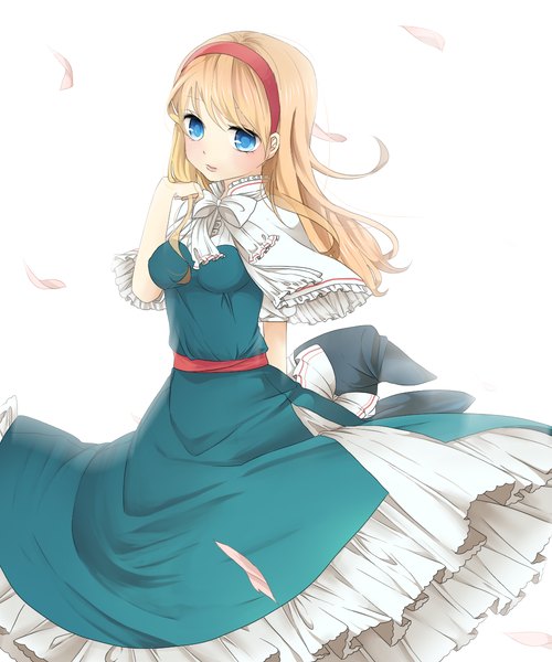Anime picture 1000x1200 with touhou alice margatroid tsuno no hito single long hair tall image blue eyes simple background blonde hair white background girl dress petals hairband