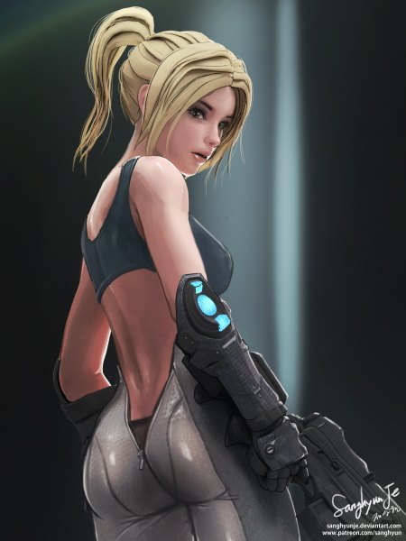Anime picture 900x1200 with starcraft blizzard entertainment nova (starcraft) sanghyunje single tall image short hair breasts light erotic blonde hair green eyes ass ponytail parted lips lips eyebrows girl underwear panties weapon