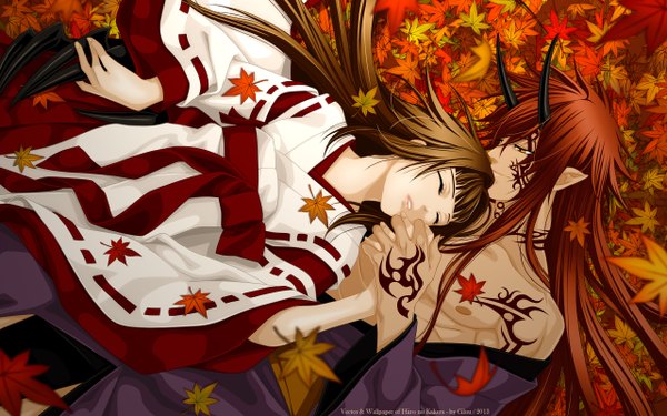 Anime picture 2560x1600 with hiiro no kakera kasuga tamaki onizaki takuma cilou (artist) long hair highres brown hair wide image brown eyes lying eyes closed traditional clothes horn (horns) light smile on back holding hands sleeping muscle oni horns autumn