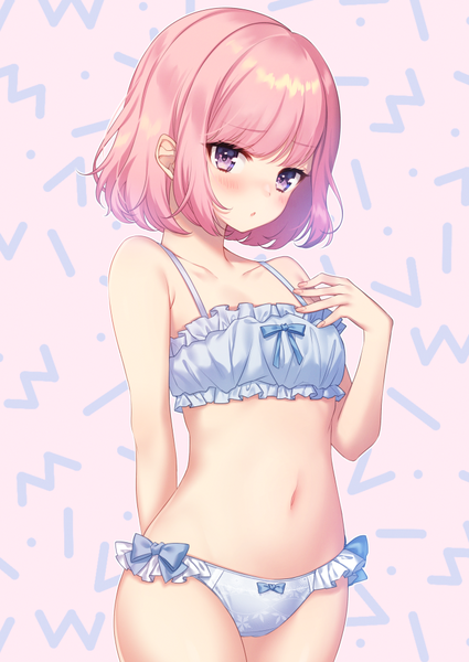 Anime picture 708x1000 with original moyui (myi 005) single tall image looking at viewer blush fringe short hair breasts open mouth light erotic simple background standing purple eyes bare shoulders pink hair blunt bangs :o underwear only arm behind back