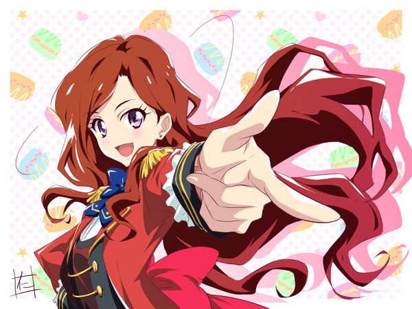 Anime picture 2046x1536 with aikatsu! aikatsu stars! kasumi yozora nii manabu single long hair looking at viewer highres open mouth brown hair purple eyes signed upper body :d outstretched hand girl earrings stud earrings epaulettes