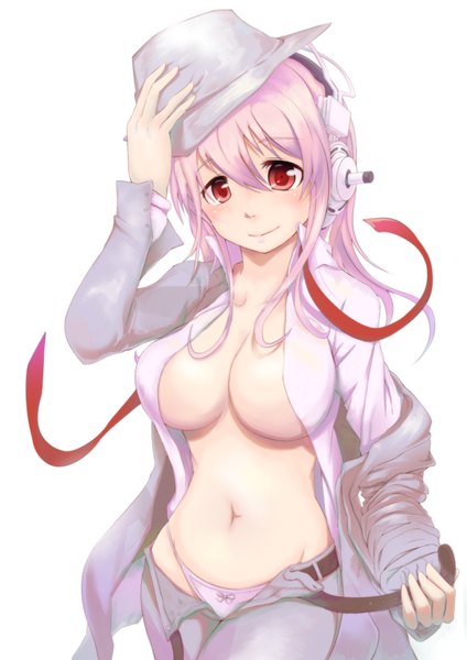 Anime picture 1637x2315 with nitroplus super sonico long hair tall image blush breasts light erotic red eyes large breasts white background pink hair open clothes open shirt girl navel underwear panties hat shirt headphones