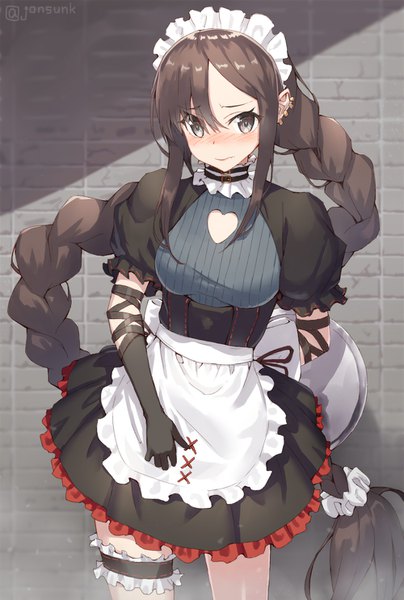 Anime picture 1000x1486 with fate (series) fate/grand order yu mei-ren (fate) jonsun single tall image looking at viewer blush fringe breasts hair between eyes brown hair standing brown eyes signed payot braid (braids) very long hair maid embarrassed