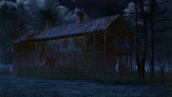 Anime picture 1920x1080 with everlasting summer iichan eroge arsenixc vvcephei highres wide image game cg sky cloud (clouds) night wallpaper no people scenic bare tree collaboration tree (trees) building (buildings) forest fence abandoned building