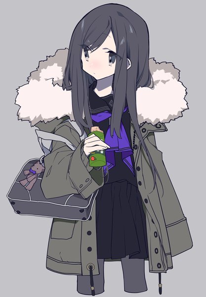 Anime picture 1423x2048 with original mochizuki kei single long hair tall image blush fringe black hair simple background standing holding looking away pleated skirt black eyes grey background open clothes fur trim girl skirt uniform