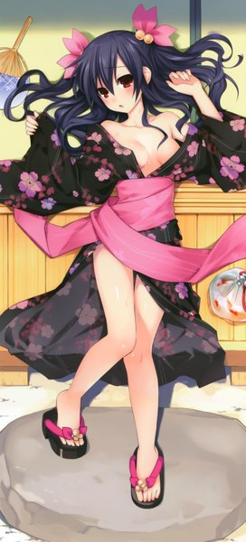 Anime picture 3032x6679 with choujigen game neptune hyperdimension neptunia mk2 uni (choujigen game neptune) single long hair tall image looking at viewer blush highres breasts light erotic absurdres cleavage japanese clothes bare legs girl hair ornament headdress kimono obi