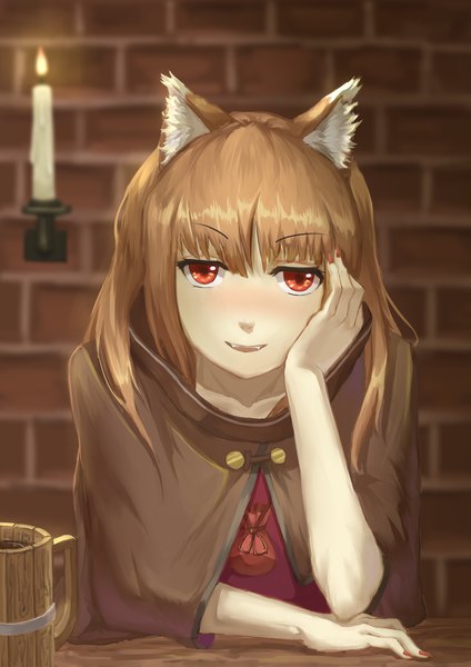 Anime picture 2480x3507 with spice and wolf horo youzi (small shabao) single long hair tall image fringe highres smile hair between eyes red eyes brown hair animal ears upper body nail polish parted lips wolf ears head rest hand on face wolf girl