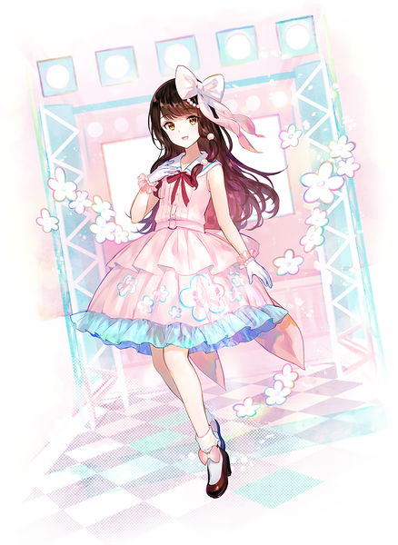 Anime picture 876x1200 with virtual youtuber takata rin channel takata rin fuzichoco single long hair tall image looking at viewer blush fringe open mouth simple background brown hair yellow eyes full body :d sleeveless floral print hand on chest checkered floor