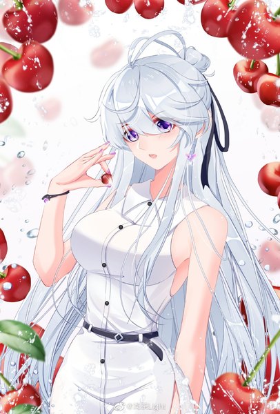 Anime picture 1080x1598 with douluo continent gu yuena qian cha light single tall image fringe breasts simple background hair between eyes large breasts standing white background purple eyes bare shoulders holding signed looking away silver hair ahoge very long hair
