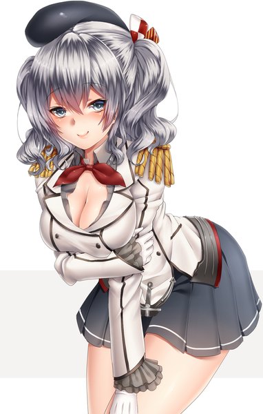 Anime picture 700x1097 with kantai collection kashima training cruiser keita (tundereyuina) single long hair tall image looking at viewer blush blue eyes light erotic simple background smile white background cleavage silver hair girl skirt gloves miniskirt white gloves