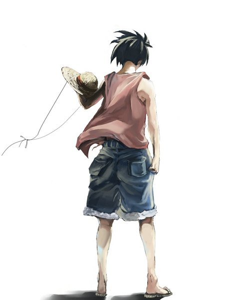 Anime picture 857x1090 with one piece toei animation monkey d. luffy iridori single tall image short hair black hair simple background white background bare shoulders wind from behind sleeveless boy hat shorts straw hat
