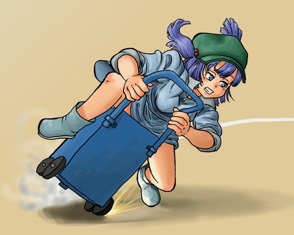 Anime picture 1500x1200 with touhou kawashiro nitori chanta (ayatakaoisii) single blue eyes smile blue hair looking away two side up grin riding girl dress hat boots blue dress flat cap hair bobbles rubber boots