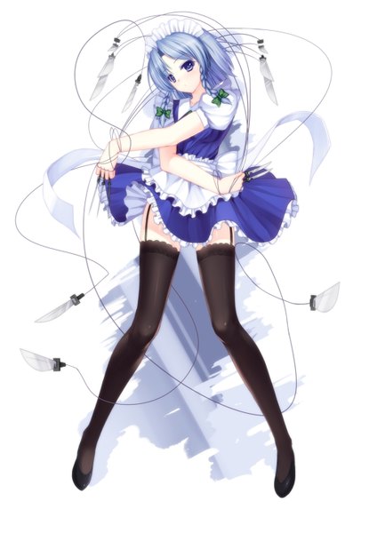 Anime picture 1024x1448 with touhou izayoi sakuya caidychen single tall image looking at viewer blush short hair white background purple eyes blue hair braid (braids) maid twin braids girl thighhighs dress bow black thighhighs hair bow