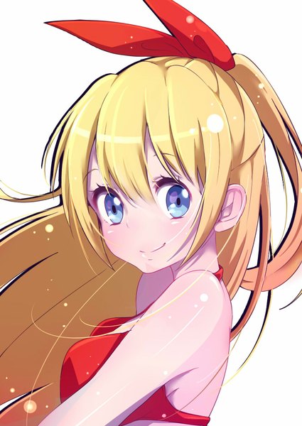 Anime picture 800x1130 with nisekoi shaft (studio) kirisaki chitoge fuu (07199382) single long hair tall image looking at viewer blush fringe blue eyes blonde hair simple background smile half updo girl ribbon (ribbons) hair ribbon