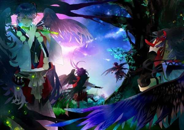 Anime picture 1636x1157 with original sanrindou short hair yellow eyes blue hair sky purple hair group flying plant (plants) wings tree (trees) mask musical instrument tokin hat flute