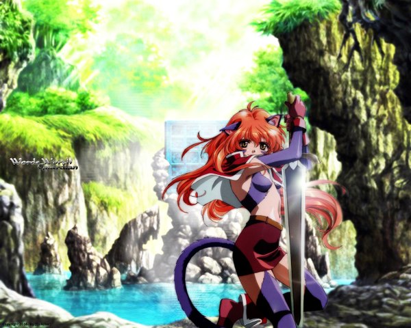 Anime picture 1280x1024 with words worth nina single long hair looking at viewer highres animal ears yellow eyes cat ears orange hair midriff cat girl cat tail lake girl thighhighs weapon miniskirt sword water