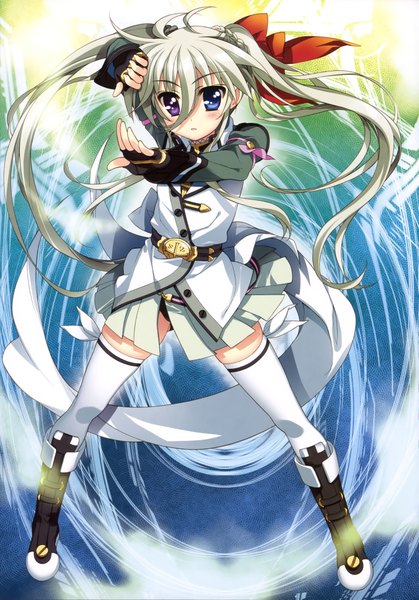 Anime picture 2865x4097 with mahou shoujo lyrical nanoha einhart stratos fujima takuya single long hair tall image looking at viewer blush highres twintails grey hair scan heterochromia girl thighhighs bow hair bow white thighhighs boots