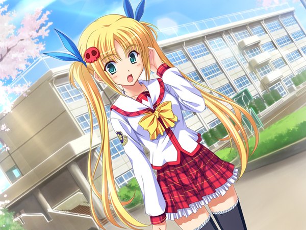 Anime picture 1024x768 with gratin (game) blonde hair twintails green eyes game cg girl serafuku