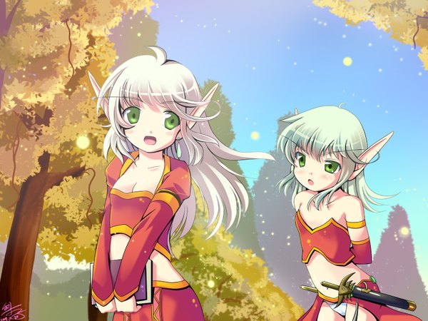 Anime picture 1600x1200 with world of warcraft blizzard entertainment lizi (artist) long hair blush fringe open mouth standing bare shoulders multiple girls holding green eyes payot ahoge outdoors white hair long sleeves wind pointy ears bare belly