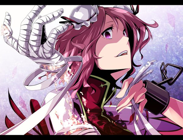 Anime picture 1300x996 with touhou ibaraki kasen mizuki (ekakichan) single short hair purple eyes pink hair hair bun (hair buns) destruction girl chain bandage (bandages) handcuffs bun cover