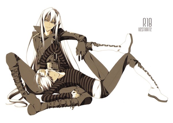 Anime picture 1552x1100 with katekyou hitman reborn superbi squalo belphegor (khr) long hair fringe short hair smile white background sitting white hair lying very long hair hair over one eye dark skin white eyes boy gloves belt collar knee boots