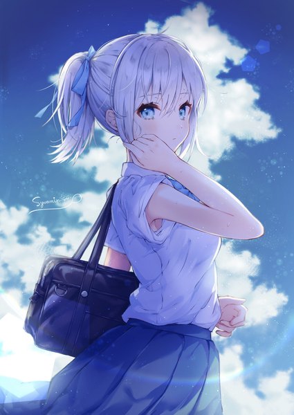 Anime picture 1254x1771 with original syunmin n000 single tall image looking at viewer blush fringe short hair blue eyes hair between eyes standing signed payot sky silver hair cloud (clouds) outdoors ponytail pleated skirt wind