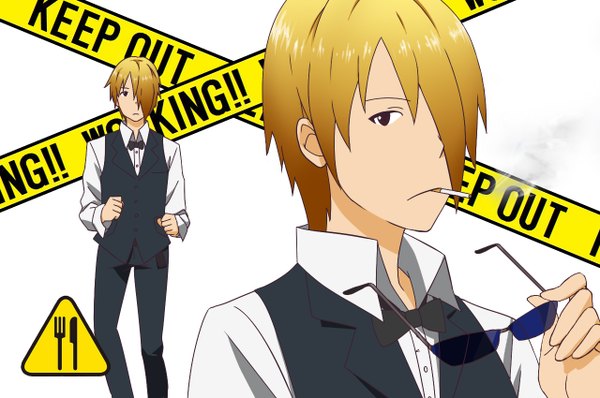 Anime picture 1280x850 with durarara!! working!! a-1 pictures brains base (studio) satou jun single fringe short hair blonde hair simple background white background black eyes hair over one eye inscription smoke smoking sunglasses removed boy ribbon (ribbons) bowtie
