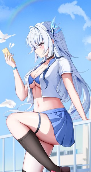 Anime picture 712x1340 with genshin impact skirk (genshin impact) yeni1871 single long hair tall image blush fringe breasts light erotic hair between eyes standing holding sky white hair pleated skirt pink eyes open clothes arm support midriff