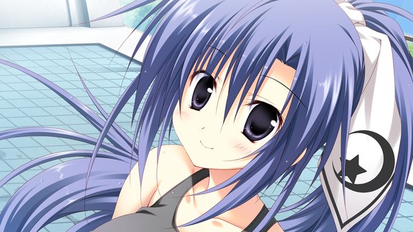 Anime picture 1280x720 with gakuou tenguji aquarius uduki korie riko single long hair looking at viewer blush smile wide image blue hair game cg ponytail girl