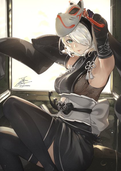 Anime picture 1061x1500 with nier nier:automata nier reincarnation yorha no. 2 type b fadingz single tall image looking at viewer fringe short hair light erotic sitting signed silver hair bent knee (knees) indoors long sleeves traditional clothes japanese clothes aqua eyes